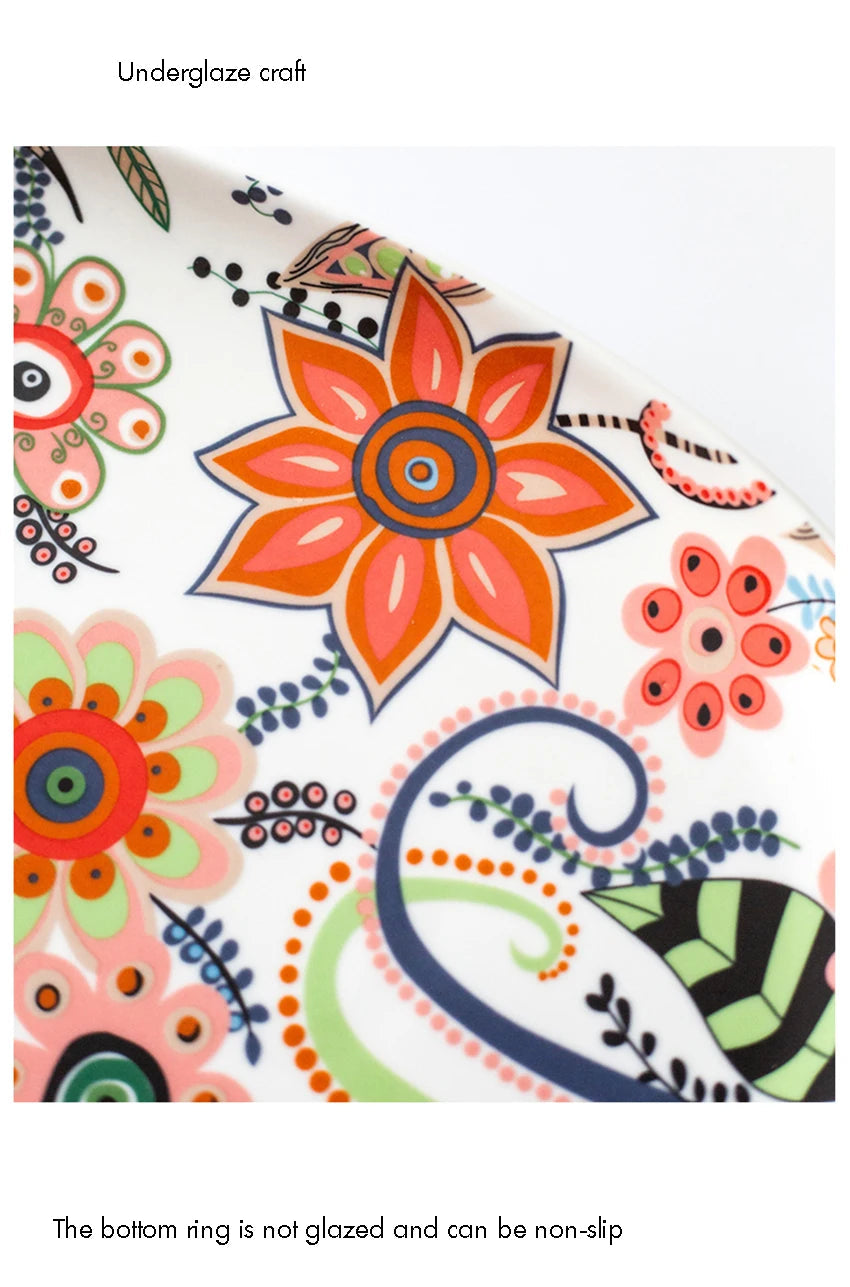 Ceramic Salad Plates with Handle,Porcelain Dinner Plates,Colorful Floral Pattern Serving Plate for Desserts Sandwiches Dishes 접시 MU Group