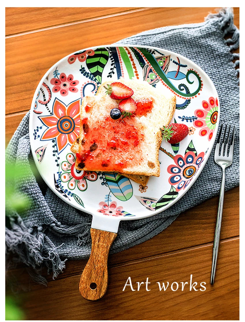 Ceramic Salad Plates with Handle,Porcelain Dinner Plates,Colorful Floral Pattern Serving Plate for Desserts Sandwiches Dishes 접시 MU Group