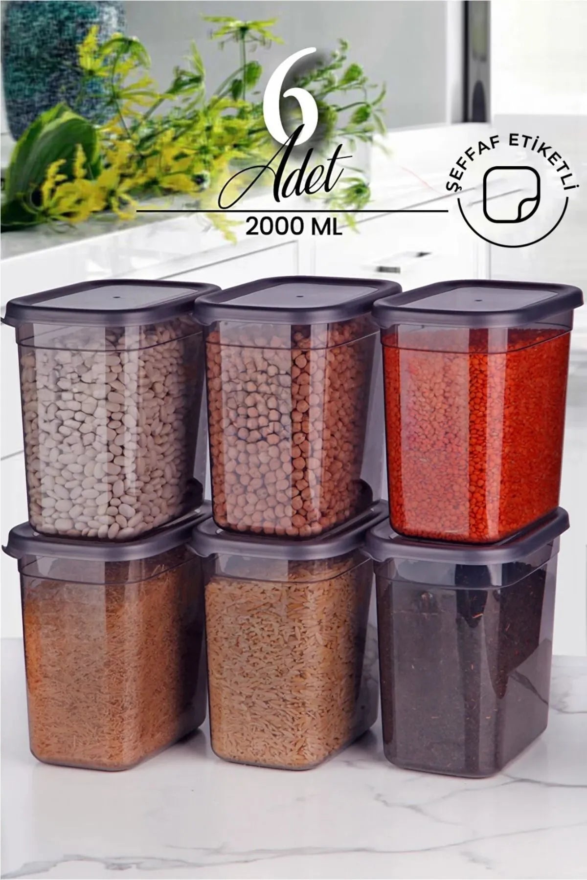 6'lı Antrasit Dikdörtgen Saklama Kabı Seti 2000ml - Çoklu Set Yapılabilen Set Erzak - Justyol