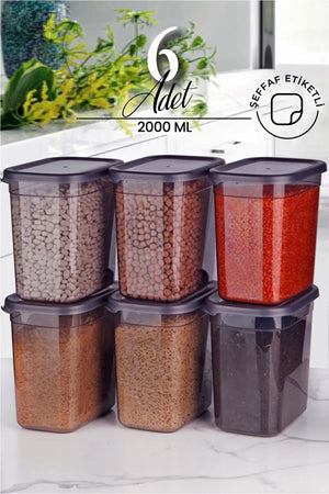 6'lı Antrasit Dikdörtgen Saklama Kabı Seti 2000ml - Çoklu Set Yapılabilen Set Erzak - Justyol