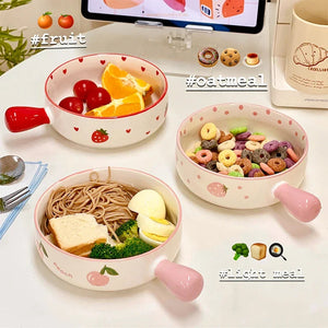 Cute Strawberry Peach Bowl Plate Kitchen Bowl with Handle Tableware Gift for Kids Girl Women Ceramic Fruit  Salad Noodle Ramen MU Group