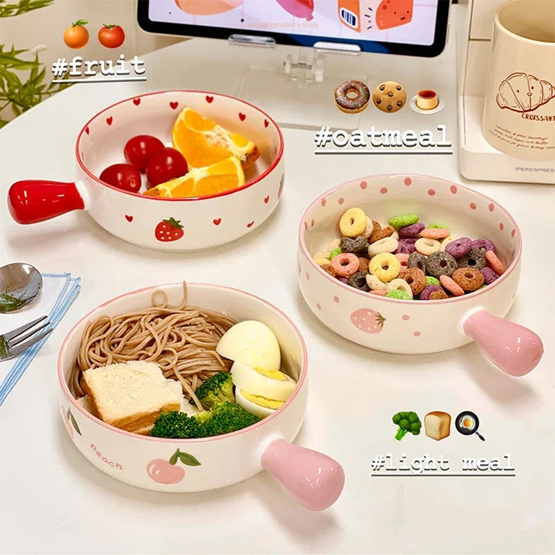 Cute Strawberry Peach Bowl Plate Kitchen Bowl with Handle Tableware Gift for Kids Girl Women Ceramic Fruit  Salad Noodle Ramen MU Group