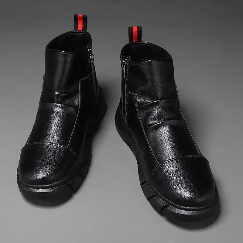 Black Boots for Men Fashion Leather Shoes Platform Ankle Boots Outdoor Comfortable Soft Men Motorcycle Booties Botas Hombre Piel MU Group