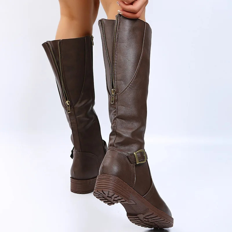 Women Knee High Boots Platform Long Boots Low Heels Round Toe Shoes New Zip Brown High Boot Vintage Pu Leather Women Boots 2025 MU Group