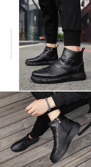Black Boots for Men Fashion Leather Shoes Platform Ankle Boots Outdoor Comfortable Soft Men Motorcycle Booties Botas Hombre Piel MU Group
