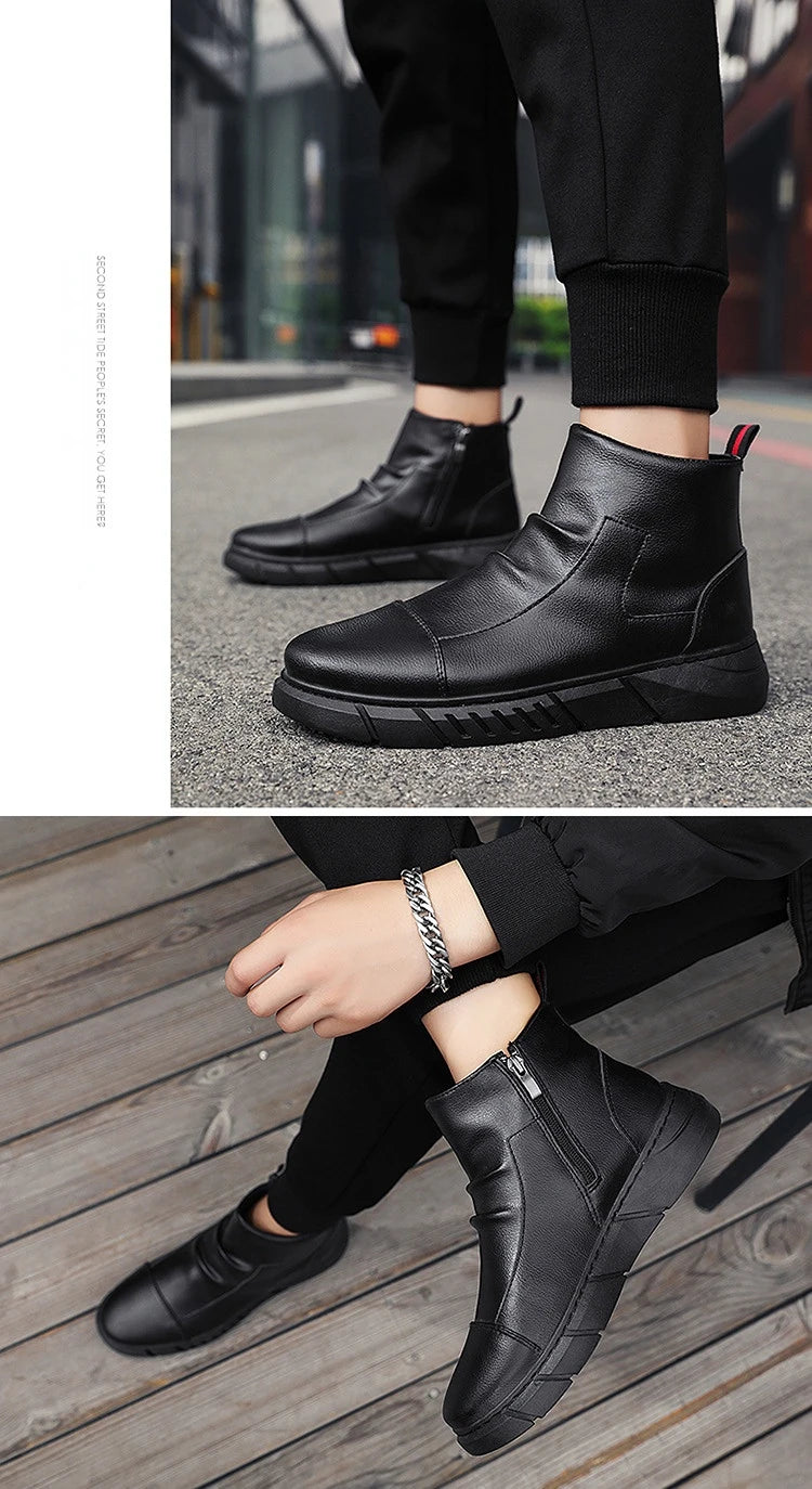 Black Boots for Men Fashion Leather Shoes Platform Ankle Boots Outdoor Comfortable Soft Men Motorcycle Booties Botas Hombre Piel MU Group