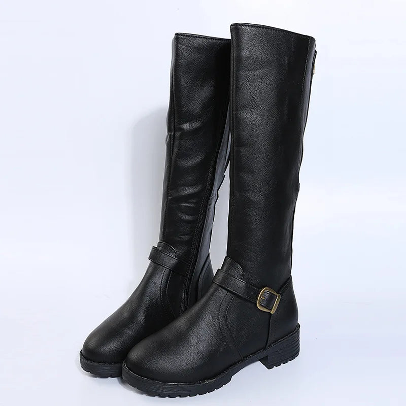 Women Knee High Boots Platform Long Boots Low Heels Round Toe Shoes New Zip Brown High Boot Vintage Pu Leather Women Boots 2025 MU Group