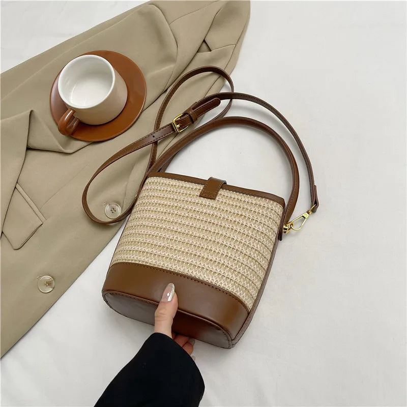 Women’s Fashion Trends Straw Bucket Bag Female Summer Handmade Woven Shoulder Bags Ladies Shopping Purse New Beach Bags Handbags MU Group
