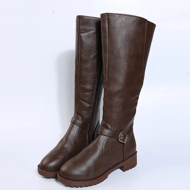 Women Knee High Boots Platform Long Boots Low Heels Round Toe Shoes New Zip Brown High Boot Vintage Pu Leather Women Boots 2025 MU Group