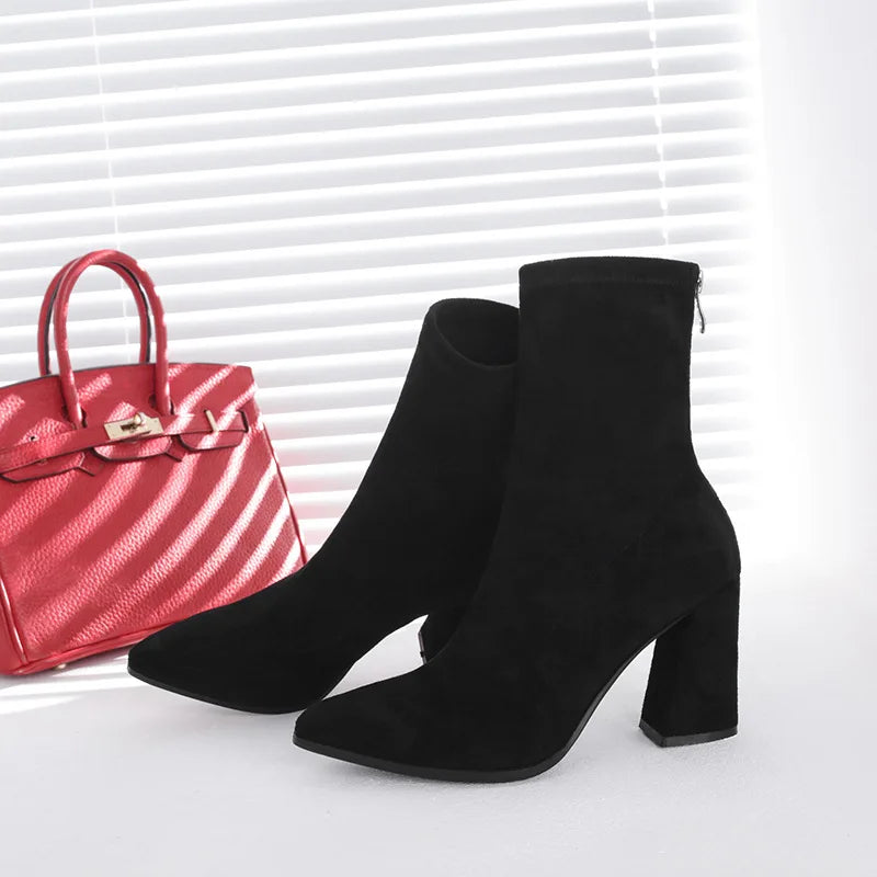 Ankle Chunky High Heel Sock Chelsea Boots Women Autumn Fashion Pointed Frosted Suede Short Boots Female Pumps Sexy Warm Boots MU Group