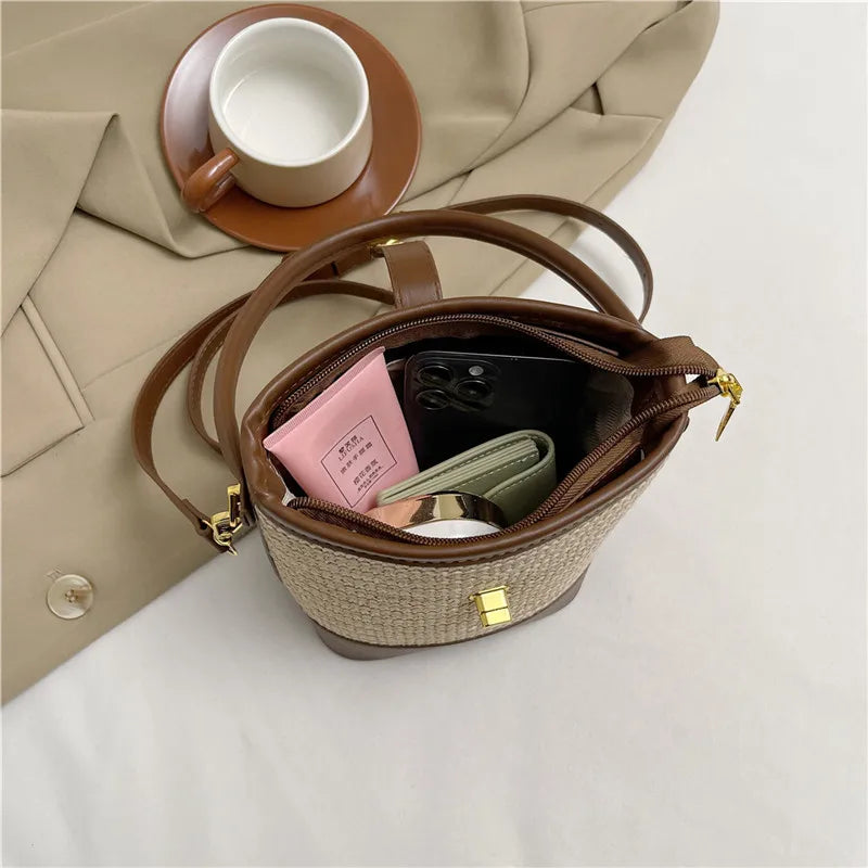 Women’s Fashion Trends Straw Bucket Bag Female Summer Handmade Woven Shoulder Bags Ladies Shopping Purse New Beach Bags Handbags MU Group