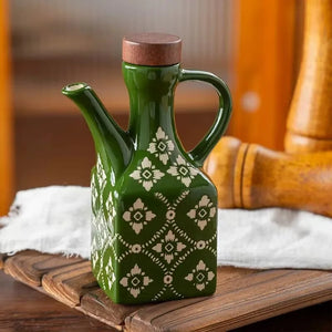 Underglaze Ceramic Oil Pot with Wooden Lid – Blue Flower Design | For Oil, Vinegar, Soy Sauce & Seasonings MU Group