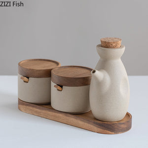 Japanese Kitchen Spice Jar Combination Salt and Pepper Shaker Oil Pot Set Ceramic Seasoning Jar Home Solid Color Seasoning Tool MU Group