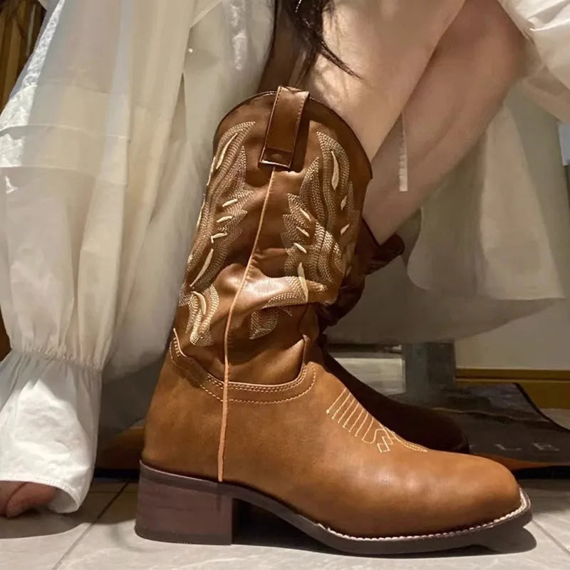 Versatile Western Cowboy Boots Summer Coarse Heel Embroidered Sleeve Knight Boots Mid Barrel Square Head Horseshoe Large MU Group