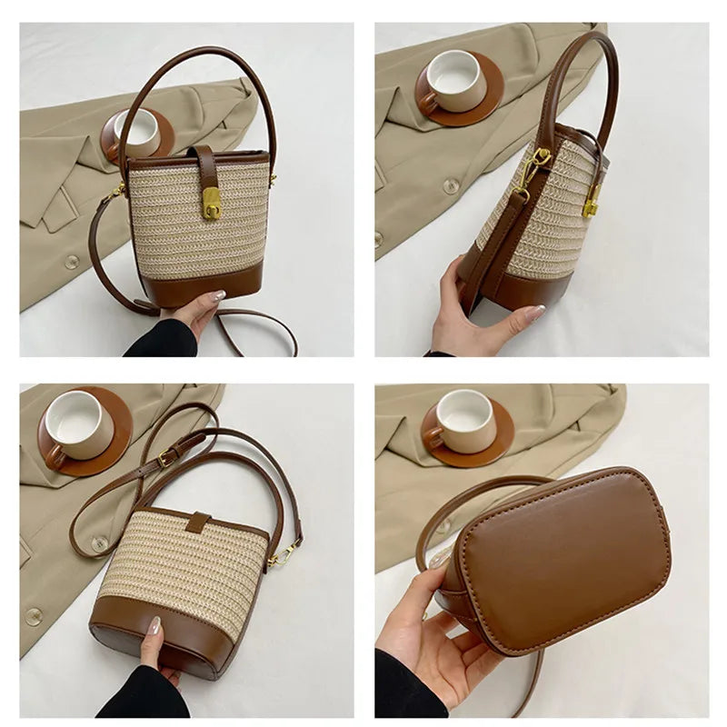 Women’s Fashion Trends Straw Bucket Bag Female Summer Handmade Woven Shoulder Bags Ladies Shopping Purse New Beach Bags Handbags MU Group