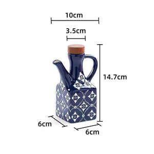 Underglaze Ceramic Oil Pot with Wooden Lid – Blue Flower Design | For Oil, Vinegar, Soy Sauce & Seasonings MU Group