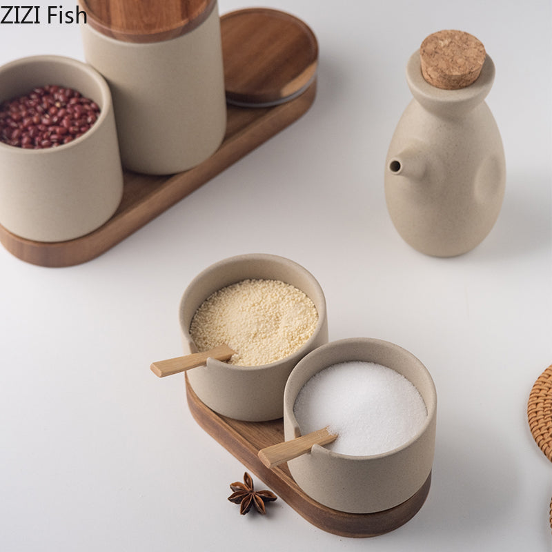 Japanese Kitchen Spice Jar Combination Salt and Pepper Shaker Oil Pot Set Ceramic Seasoning Jar Home Solid Color Seasoning Tool MU Group