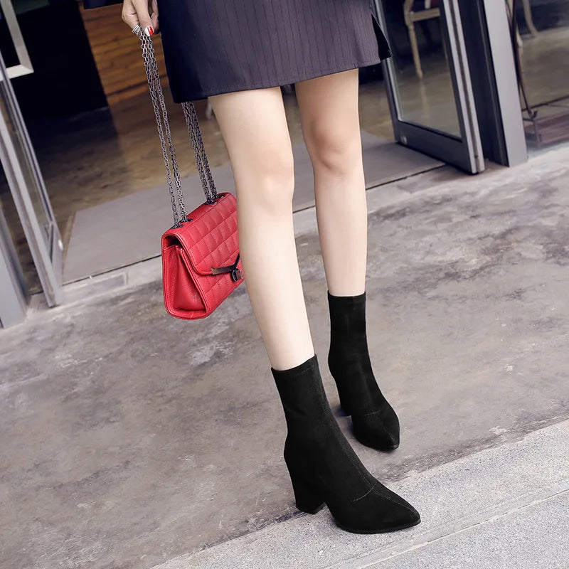 Ankle Chunky High Heel Sock Chelsea Boots Women Autumn Fashion Pointed Frosted Suede Short Boots Female Pumps Sexy Warm Boots MU Group
