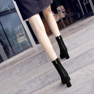 Ankle Chunky High Heel Sock Chelsea Boots Women Autumn Fashion Pointed Frosted Suede Short Boots Female Pumps Sexy Warm Boots MU Group