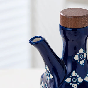 Underglaze Ceramic Oil Pot with Wooden Lid – Blue Flower Design | For Oil, Vinegar, Soy Sauce & Seasonings MU Group