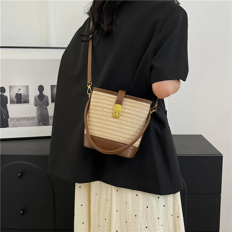 Women’s Fashion Trends Straw Bucket Bag Female Summer Handmade Woven Shoulder Bags Ladies Shopping Purse New Beach Bags Handbags MU Group