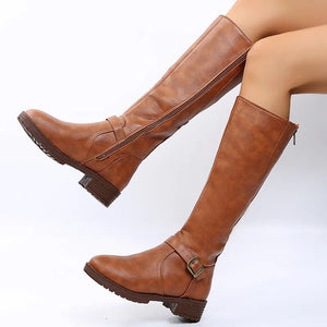 Women Knee High Boots Platform Long Boots Low Heels Round Toe Shoes New Zip Brown High Boot Vintage Pu Leather Women Boots 2025 MU Group