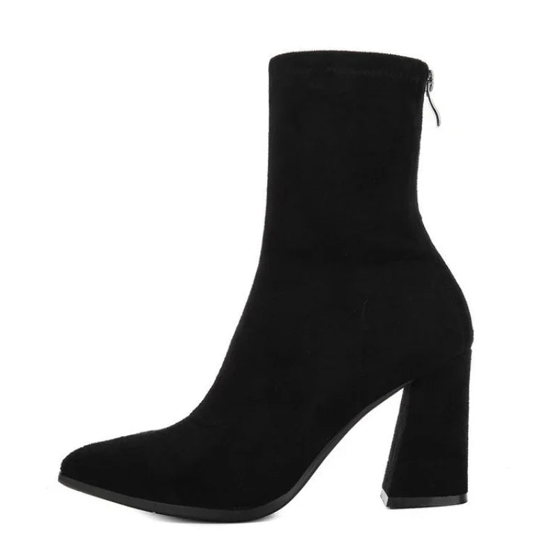Ankle Chunky High Heel Sock Chelsea Boots Women Autumn Fashion Pointed Frosted Suede Short Boots Female Pumps Sexy Warm Boots MU Group