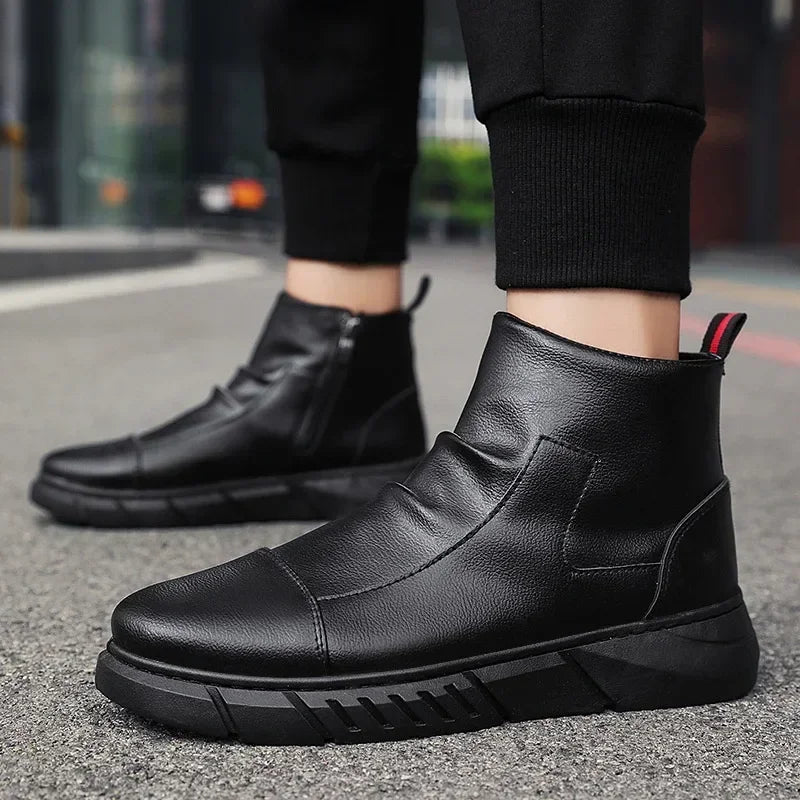 Black Boots for Men Fashion Leather Shoes Platform Ankle Boots Outdoor Comfortable Soft Men Motorcycle Booties Botas Hombre Piel MU Group
