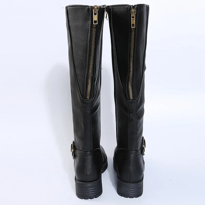 Women Knee High Boots Platform Long Boots Low Heels Round Toe Shoes New Zip Brown High Boot Vintage Pu Leather Women Boots 2025 MU Group