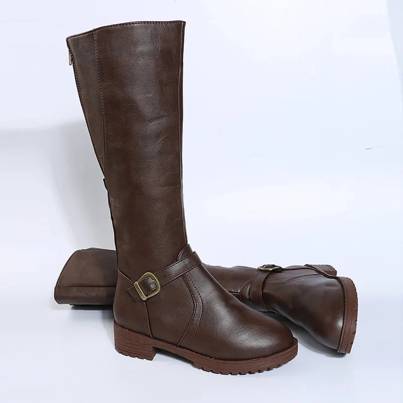 Women Knee High Boots Platform Long Boots Low Heels Round Toe Shoes New Zip Brown High Boot Vintage Pu Leather Women Boots 2025 MU Group