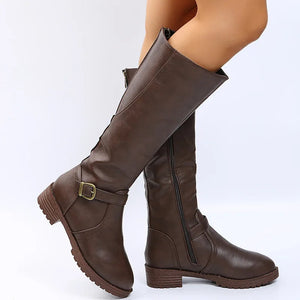 Women Knee High Boots Platform Long Boots Low Heels Round Toe Shoes New Zip Brown High Boot Vintage Pu Leather Women Boots 2025 MU Group