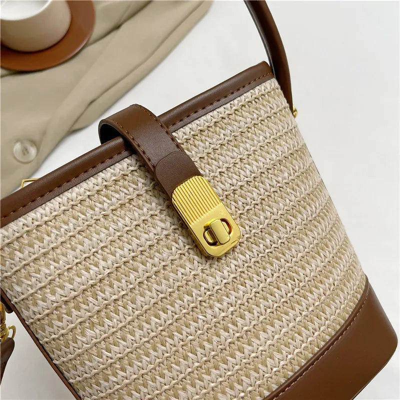Women’s Fashion Trends Straw Bucket Bag Female Summer Handmade Woven Shoulder Bags Ladies Shopping Purse New Beach Bags Handbags MU Group