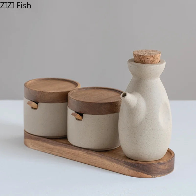 Japanese Kitchen Spice Jar Combination Salt and Pepper Shaker Oil Pot Set Ceramic Seasoning Jar Home Solid Color Seasoning Tool MU Group