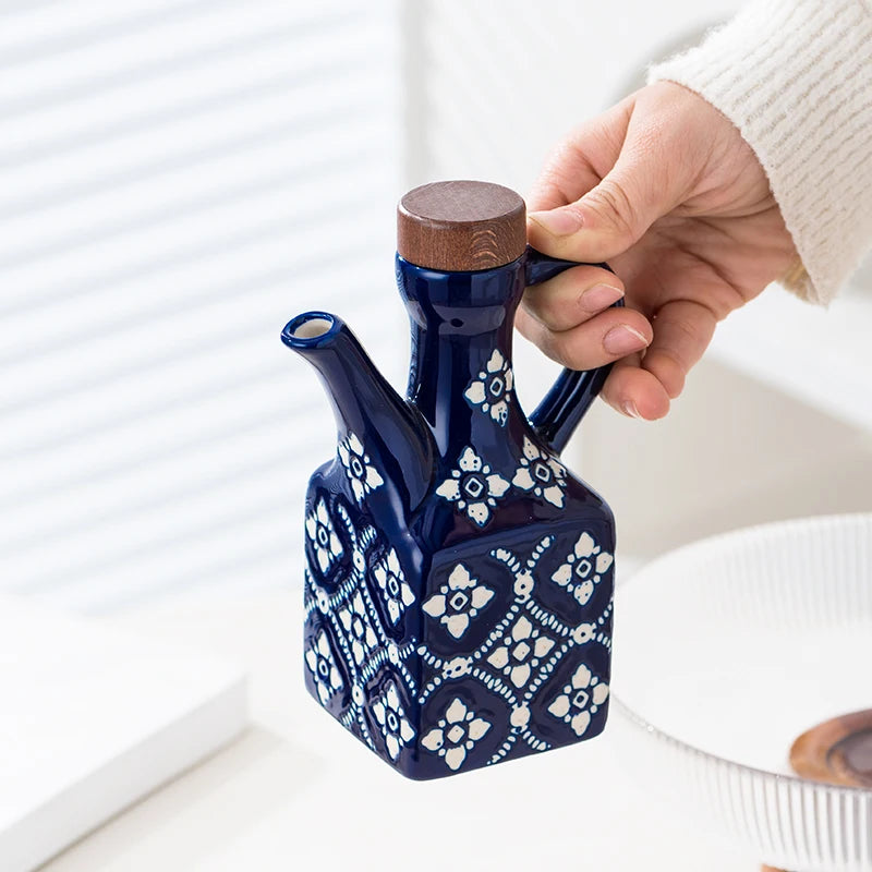 Underglaze Ceramic Oil Pot with Wooden Lid – Blue Flower Design | For Oil, Vinegar, Soy Sauce & Seasonings MU Group