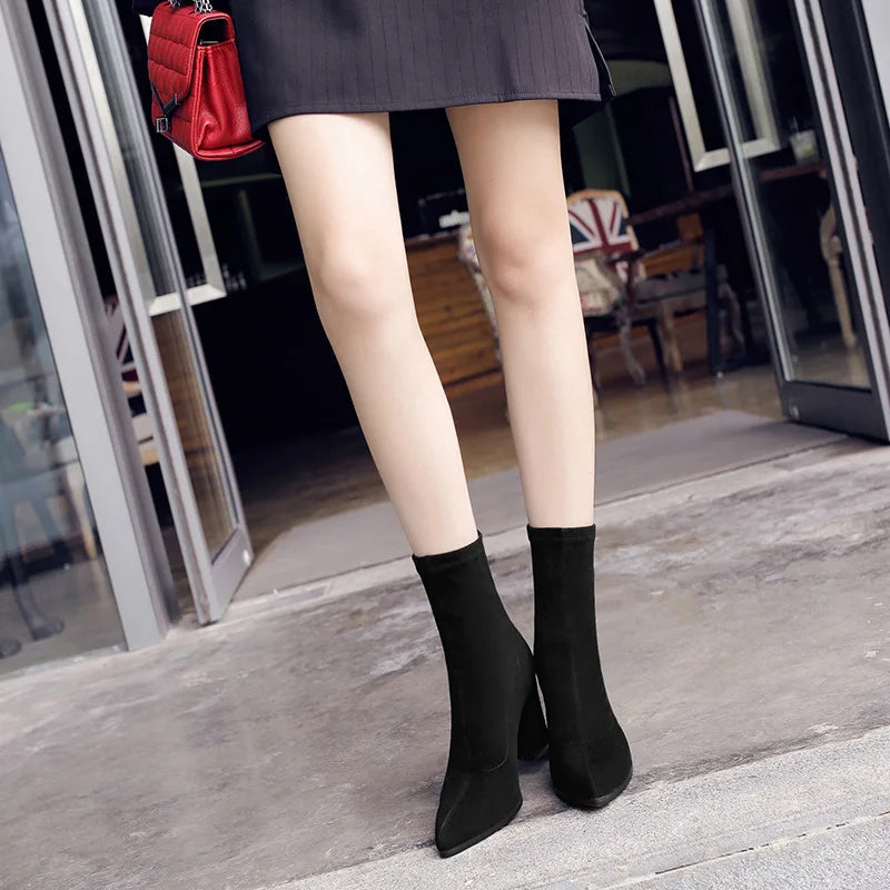 Ankle Chunky High Heel Sock Chelsea Boots Women Autumn Fashion Pointed Frosted Suede Short Boots Female Pumps Sexy Warm Boots MU Group