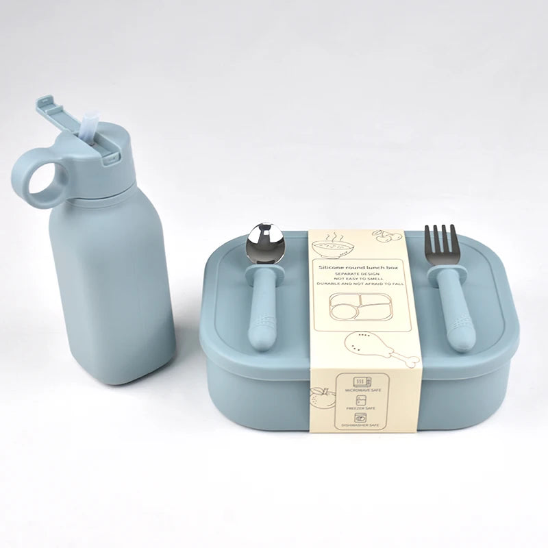 4PC/Set Silicone Bento Box Straw Water Bottle Leak-Proof Lunch Container Fork Spoon With Packaging Card BPA-Free Dishwasher Safe