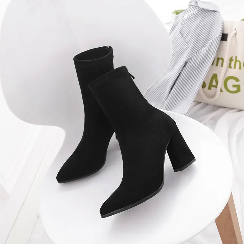 Ankle Chunky High Heel Sock Chelsea Boots Women Autumn Fashion Pointed Frosted Suede Short Boots Female Pumps Sexy Warm Boots MU Group