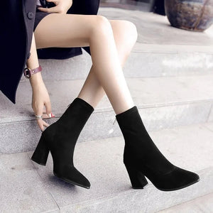 Ankle Chunky High Heel Sock Chelsea Boots Women Autumn Fashion Pointed Frosted Suede Short Boots Female Pumps Sexy Warm Boots MU Group