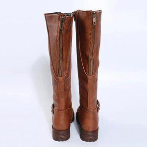 Women Knee High Boots Platform Long Boots Low Heels Round Toe Shoes New Zip Brown High Boot Vintage Pu Leather Women Boots 2025 MU Group