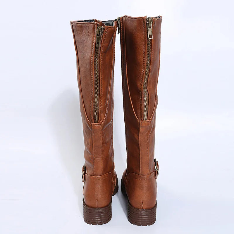 Women Knee High Boots Platform Long Boots Low Heels Round Toe Shoes New Zip Brown High Boot Vintage Pu Leather Women Boots 2025 MU Group