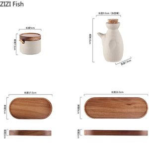 Japanese Kitchen Spice Jar Combination Salt and Pepper Shaker Oil Pot Set Ceramic Seasoning Jar Home Solid Color Seasoning Tool MU Group