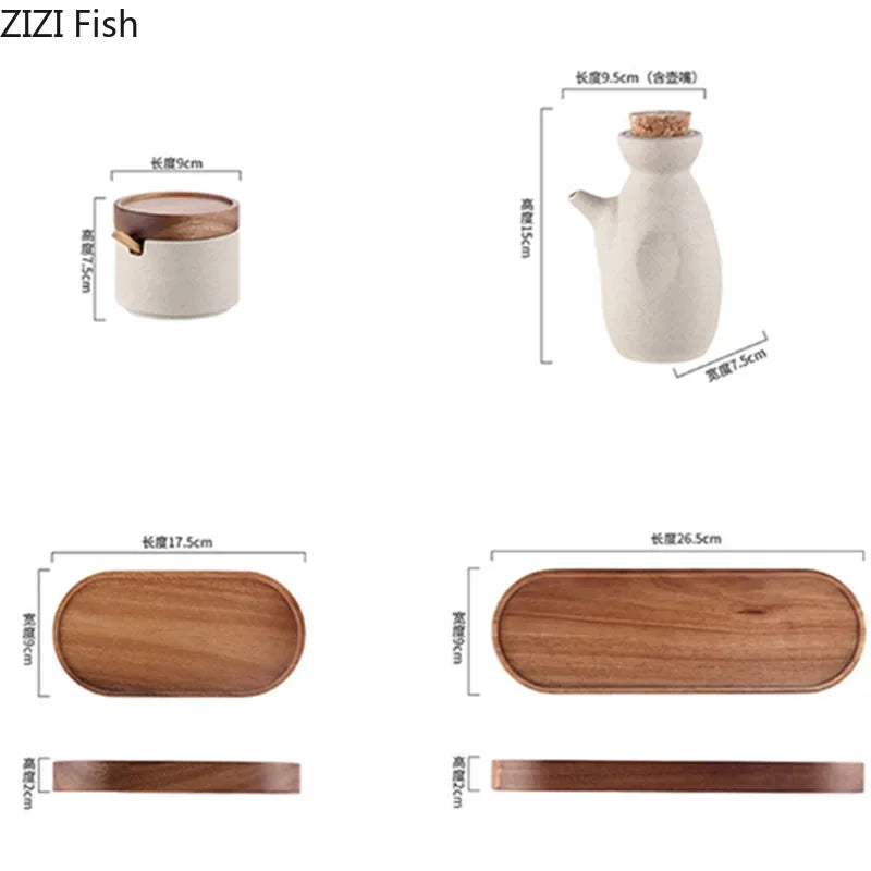 Japanese Kitchen Spice Jar Combination Salt and Pepper Shaker Oil Pot Set Ceramic Seasoning Jar Home Solid Color Seasoning Tool MU Group