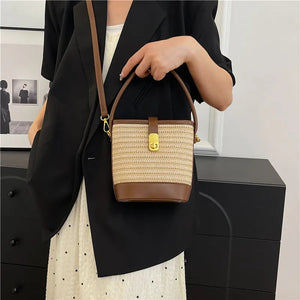 Women’s Fashion Trends Straw Bucket Bag Female Summer Handmade Woven Shoulder Bags Ladies Shopping Purse New Beach Bags Handbags MU Group