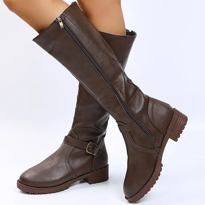 Women Knee High Boots Platform Long Boots Low Heels Round Toe Shoes New Zip Brown High Boot Vintage Pu Leather Women Boots 2025 MU Group