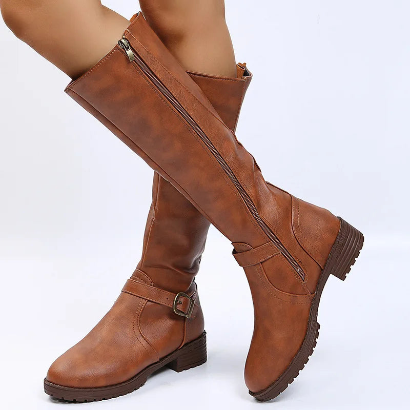 Women Knee High Boots Platform Long Boots Low Heels Round Toe Shoes New Zip Brown High Boot Vintage Pu Leather Women Boots 2025 MU Group