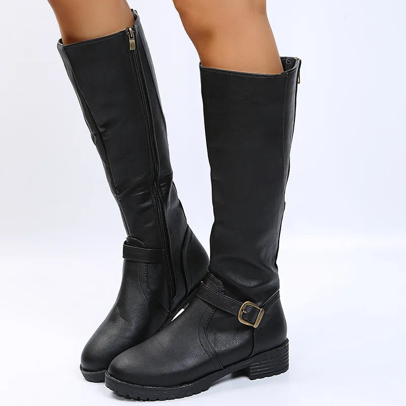 Women Knee High Boots Platform Long Boots Low Heels Round Toe Shoes New Zip Brown High Boot Vintage Pu Leather Women Boots 2025 MU Group
