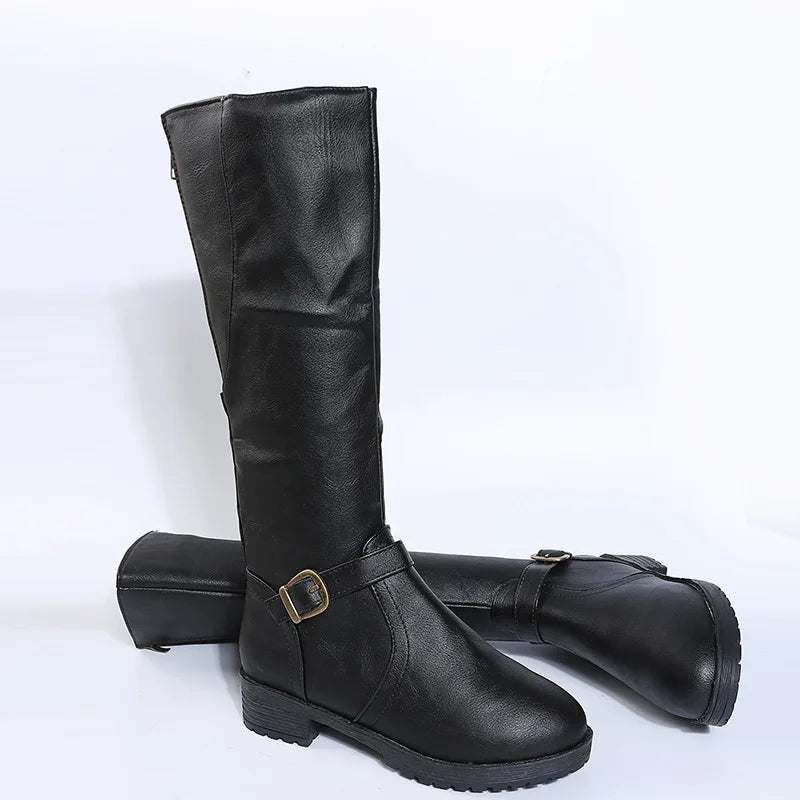 Women Knee High Boots Platform Long Boots Low Heels Round Toe Shoes New Zip Brown High Boot Vintage Pu Leather Women Boots 2025 MU Group