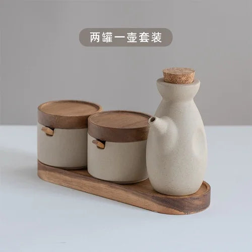 Japanese Kitchen Spice Jar Combination Salt and Pepper Shaker Oil Pot Set Ceramic Seasoning Jar Home Solid Color Seasoning Tool MU Group