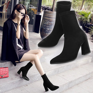 Ankle Chunky High Heel Sock Chelsea Boots Women Autumn Fashion Pointed Frosted Suede Short Boots Female Pumps Sexy Warm Boots MU Group