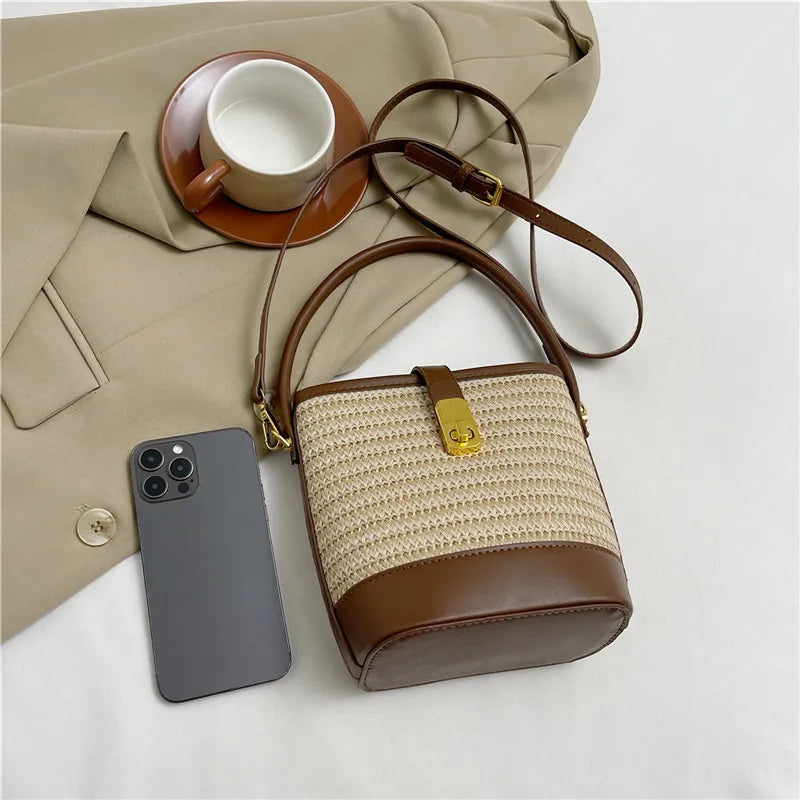 Women’s Fashion Trends Straw Bucket Bag Female Summer Handmade Woven Shoulder Bags Ladies Shopping Purse New Beach Bags Handbags MU Group